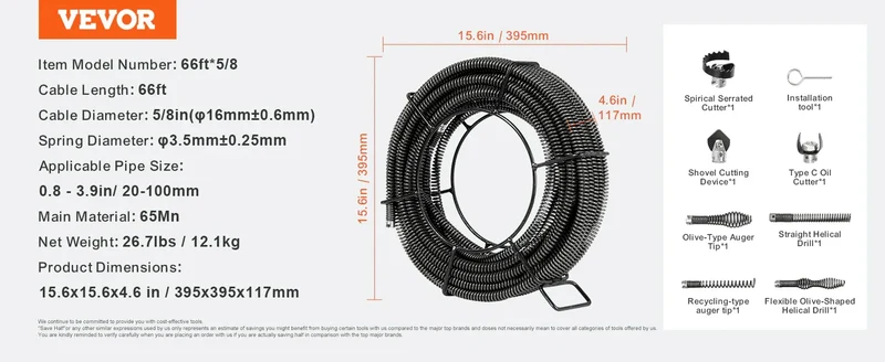 SucceBuy Drain Cleaning Cable Professional Sectional Drain Cleaner Cable Hollow Core Sewer Drain Auger Cable Sink Floor Drain