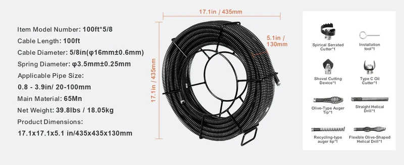 SucceBuy Drain Cleaning Cable Professional Sectional Drain Cleaner Cable Hollow Core Sewer Drain Auger Cable Sink Floor Drain