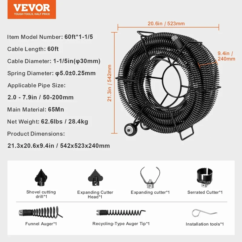 SucceBuy Drain Cleaning Cable Professional Sectional Drain Cleaner Cable Hollow Core Sewer Drain Auger Cable Sink Floor Drain