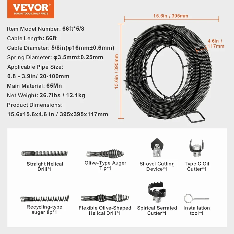 SucceBuy Drain Cleaning Cable Professional Sectional Drain Cleaner Cable Hollow Core Sewer Drain Auger Cable Sink Floor Drain