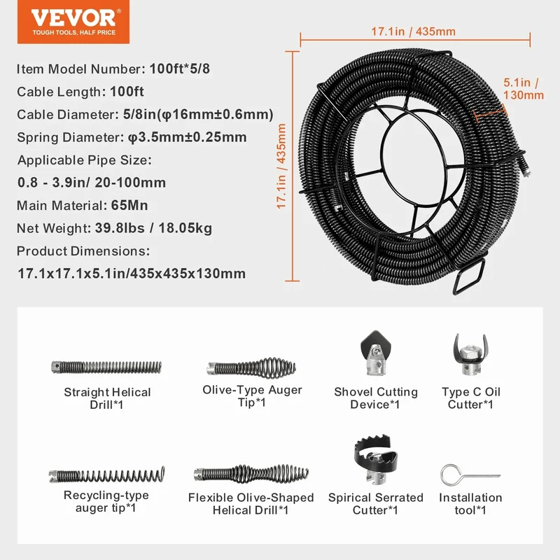 SucceBuy Drain Cleaning Cable Professional Sectional Drain Cleaner Cable Hollow Core Sewer Drain Auger Cable Sink Floor Drain