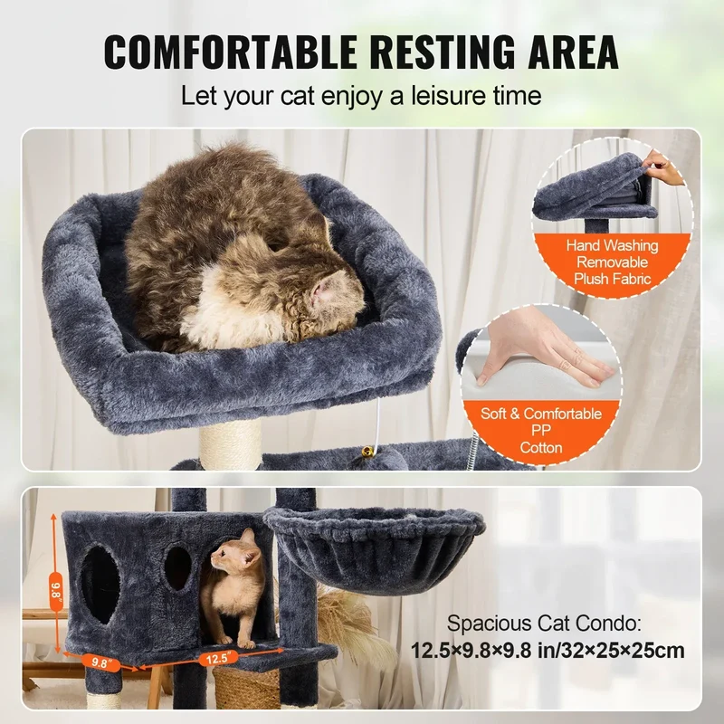 SucceBuy Cat Tree for Indoor Cats 45.2" Tower with Cat Condo Sisal Scratching Post HammockTop Perch Jumping Platforms Dark Grey