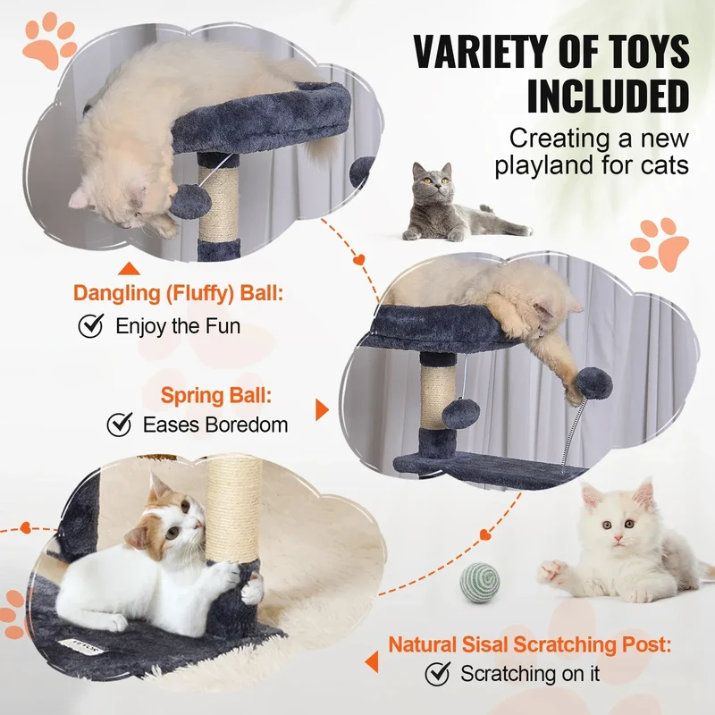 SucceBuy Cat Tree for Indoor Cats 45.2" Tower with Cat Condo Sisal Scratching Post HammockTop Perch Jumping Platforms Dark Grey