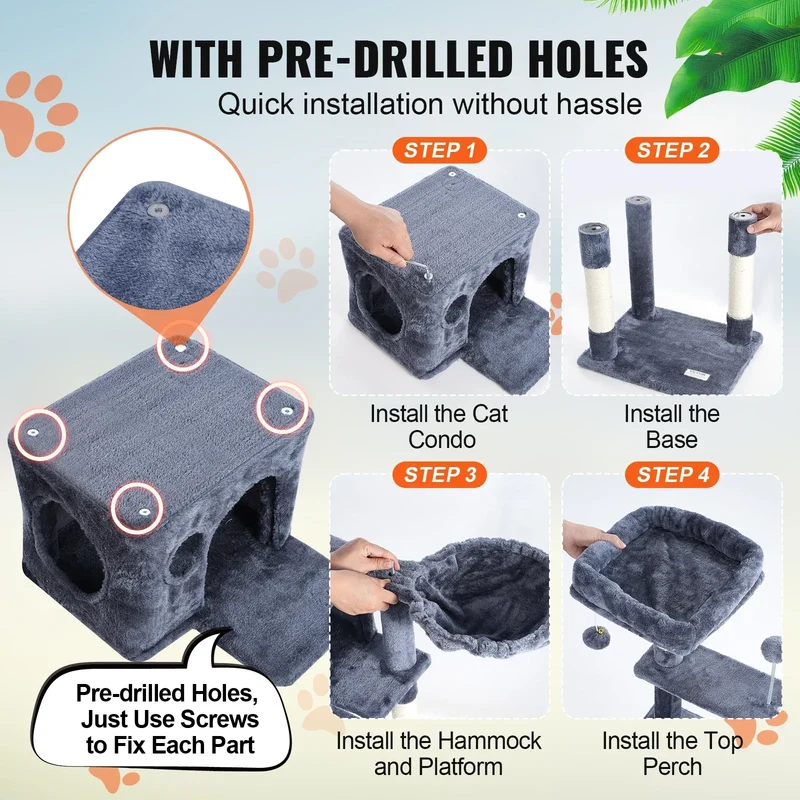 SucceBuy Cat Tree for Indoor Cats 45.2" Tower with Cat Condo Sisal Scratching Post HammockTop Perch Jumping Platforms Dark Grey