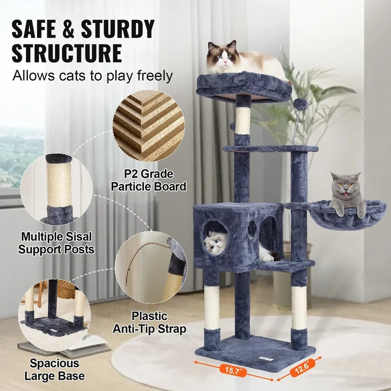 SucceBuy Cat Tree for Indoor Cats 45.2" Tower with Cat Condo Sisal Scratching Post HammockTop Perch Jumping Platforms Dark Grey