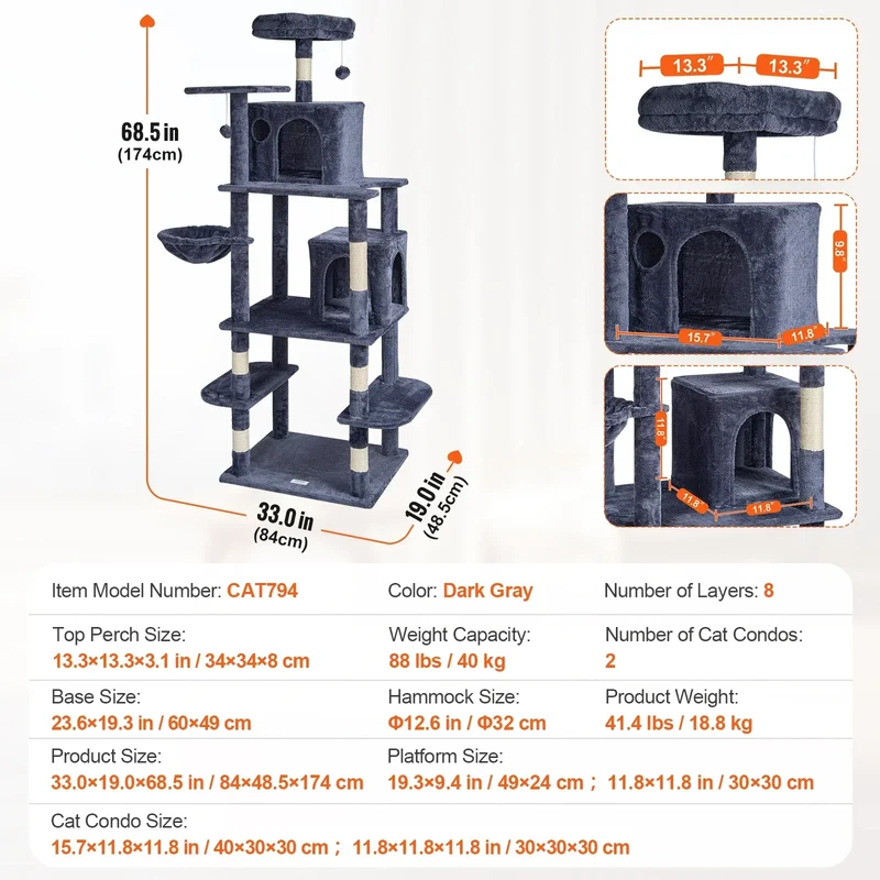 SucceBuy Cat Tree for Indoor Cats 45.2" Tower with Cat Condo Sisal Scratching Post HammockTop Perch Jumping Platforms Dark Grey