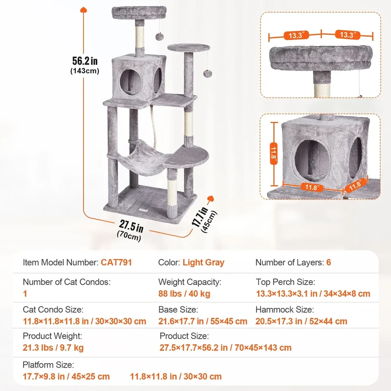 SucceBuy Cat Tree for Indoor Cats 45.2" Tower with Cat Condo Sisal Scratching Post HammockTop Perch Jumping Platforms Dark Grey
