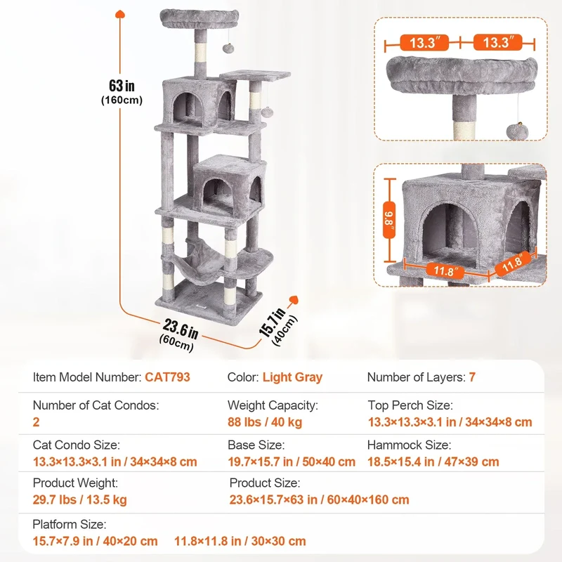 SucceBuy Cat Tree for Indoor Cats 45.2" Tower with Cat Condo Sisal Scratching Post HammockTop Perch Jumping Platforms Dark Grey