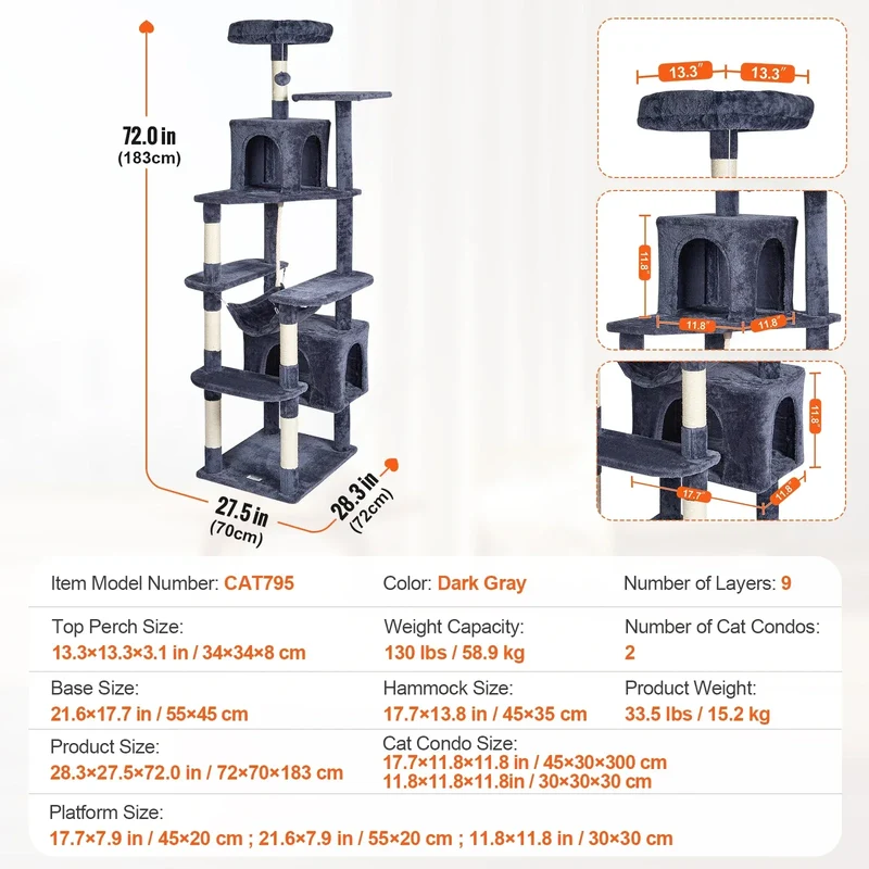 SucceBuy Cat Tree for Indoor Cats 45.2" Tower with Cat Condo Sisal Scratching Post HammockTop Perch Jumping Platforms Dark Grey