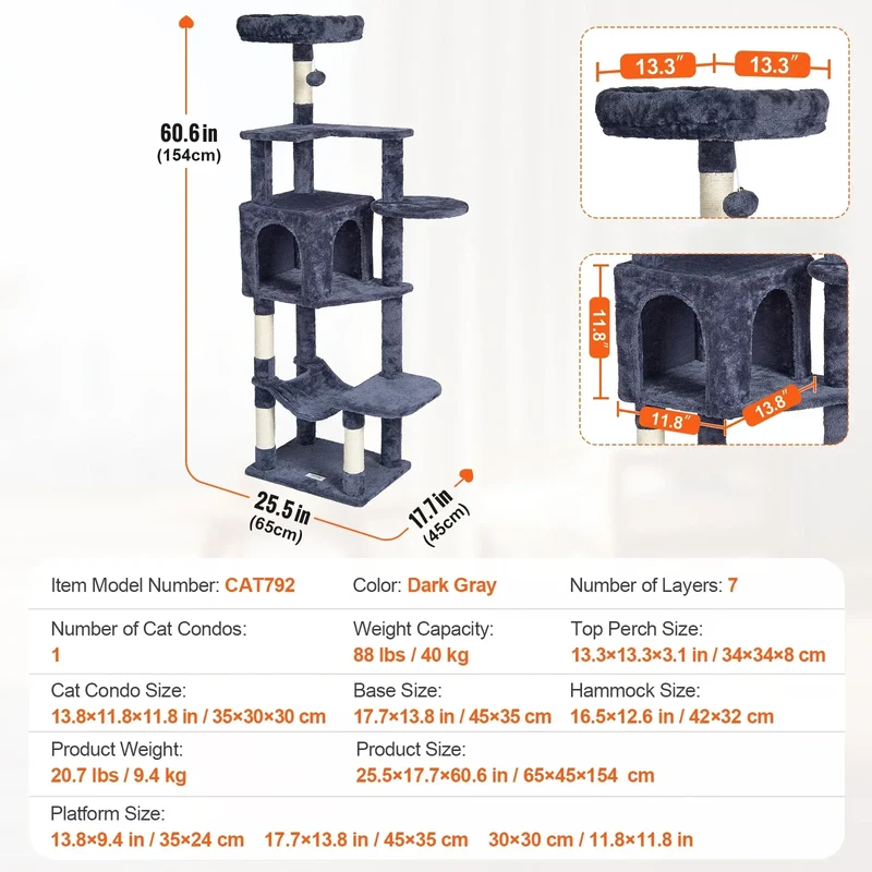 SucceBuy Cat Tree for Indoor Cats 45.2" Tower with Cat Condo Sisal Scratching Post HammockTop Perch Jumping Platforms Dark Grey