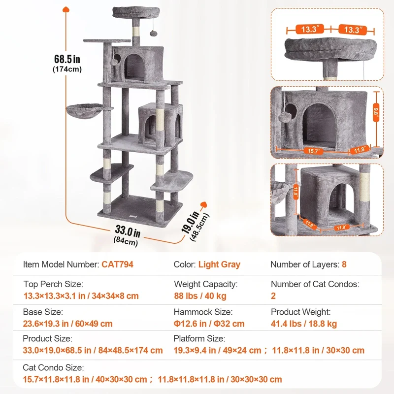 SucceBuy Cat Tree for Indoor Cats 45.2" Tower with Cat Condo Sisal Scratching Post HammockTop Perch Jumping Platforms Dark Grey