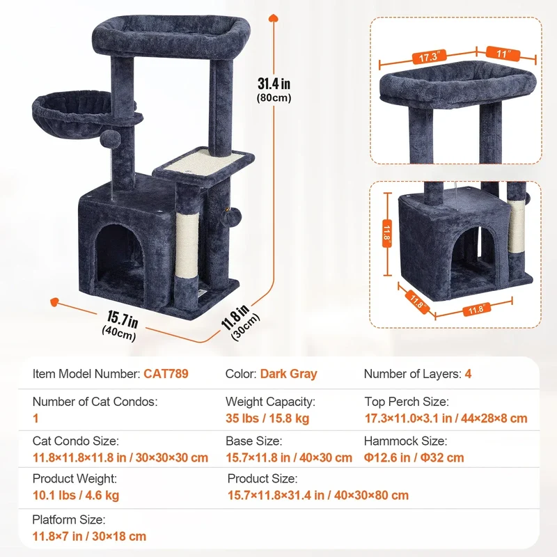SucceBuy Cat Tree for Indoor Cats 45.2" Tower with Cat Condo Sisal Scratching Post HammockTop Perch Jumping Platforms Dark Grey
