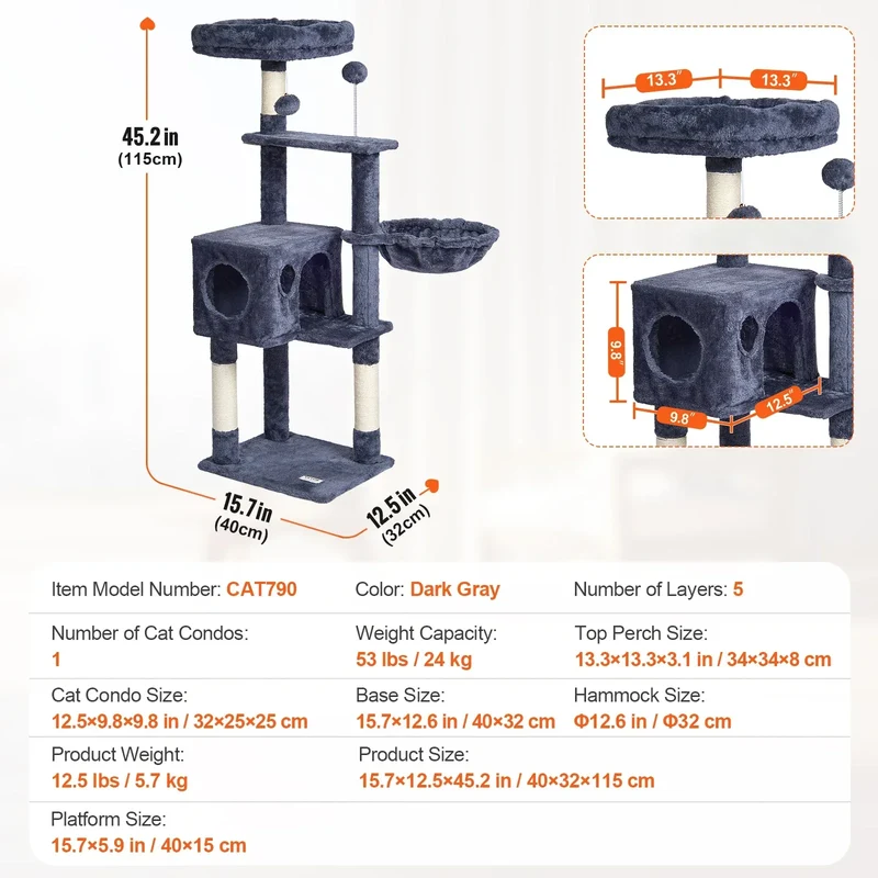 SucceBuy Cat Tree for Indoor Cats 45.2" Tower with Cat Condo Sisal Scratching Post HammockTop Perch Jumping Platforms Dark Grey