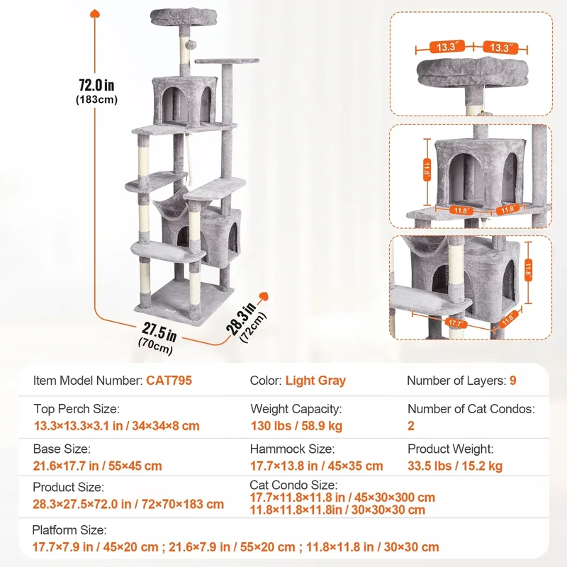 SucceBuy Cat Tree for Indoor Cats 45.2" Tower with Cat Condo Sisal Scratching Post HammockTop Perch Jumping Platforms Dark Grey