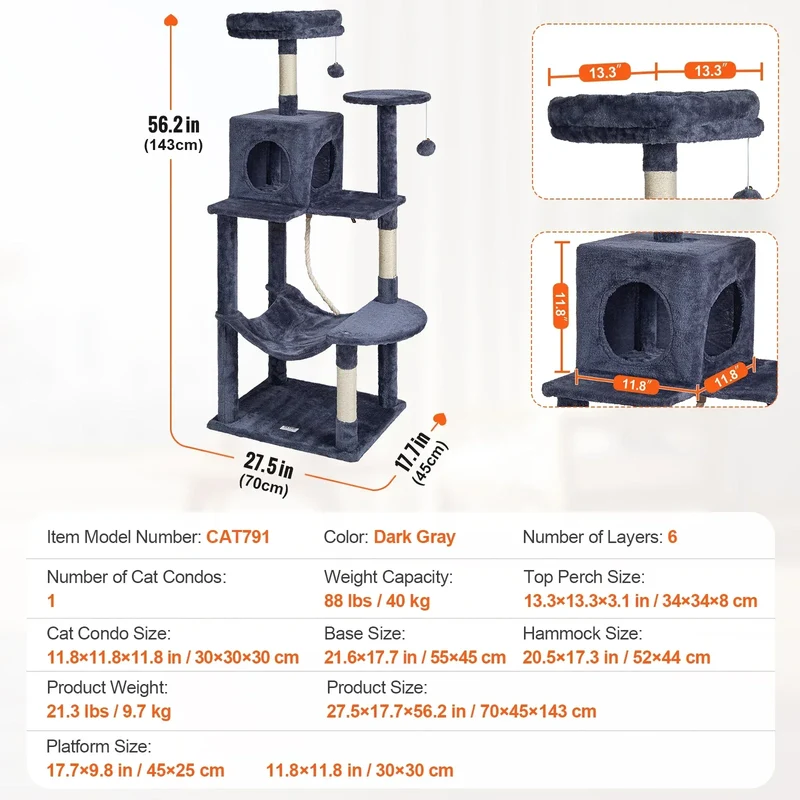 SucceBuy Cat Tree for Indoor Cats 45.2" Tower with Cat Condo Sisal Scratching Post HammockTop Perch Jumping Platforms Dark Grey