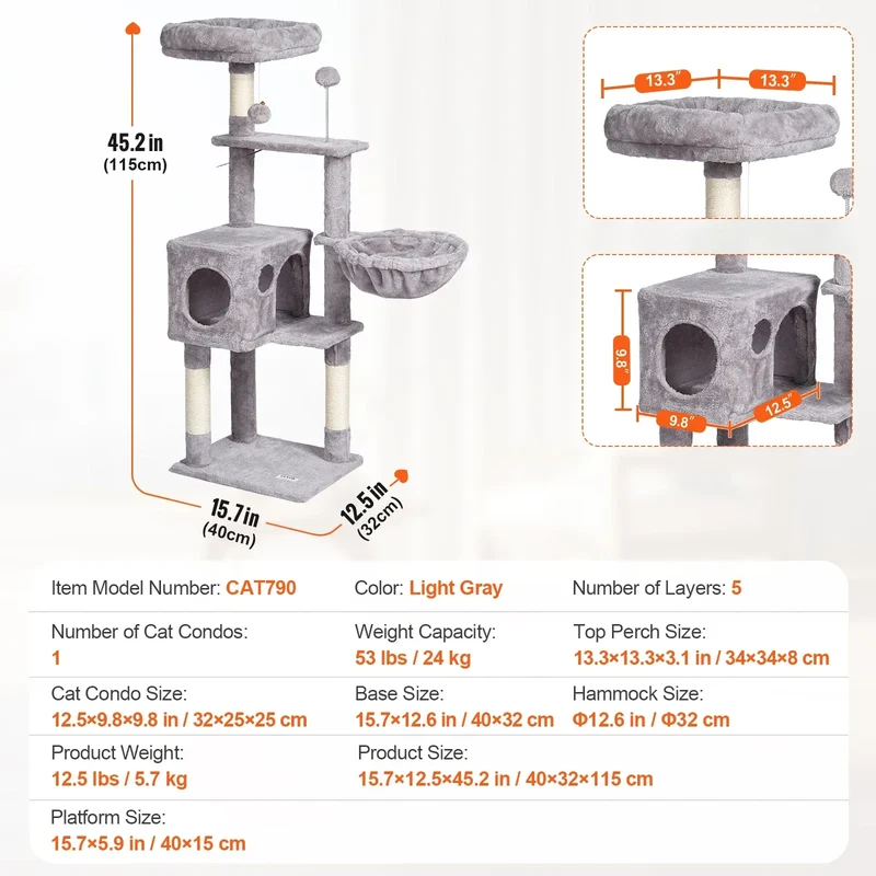 SucceBuy Cat Tree for Indoor Cats 45.2" Tower with Cat Condo Sisal Scratching Post HammockTop Perch Jumping Platforms Dark Grey