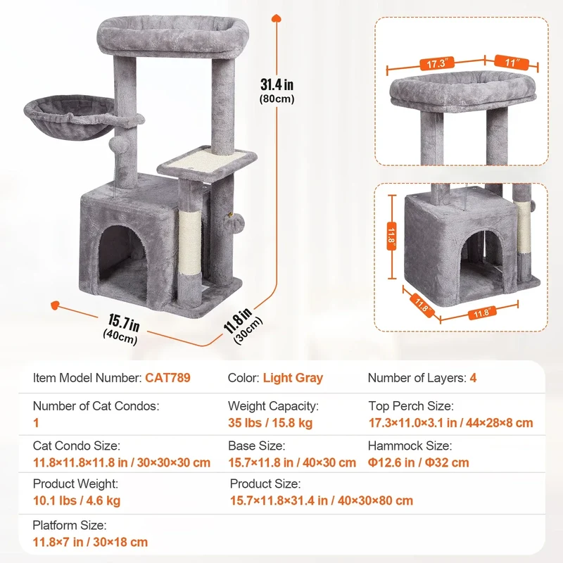 SucceBuy Cat Tree for Indoor Cats 45.2" Tower with Cat Condo Sisal Scratching Post HammockTop Perch Jumping Platforms Dark Grey
