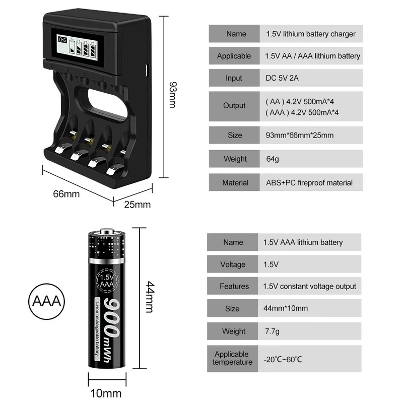 100% New 1.5V AAA Rechargeable Battery 900mWh 1.5V Li-ion Lithium Liion Li ion 3A aaa Batteries for Toy Car Camera Flashlight