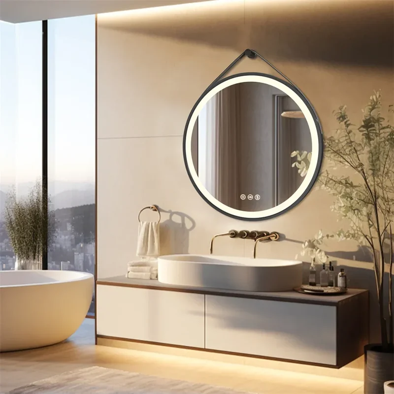 LUVODI 32-Inch Large Round Bathroom Mirror with LED Lights Black Frame Touch Sensor Lighted Mirror for Bathrooms