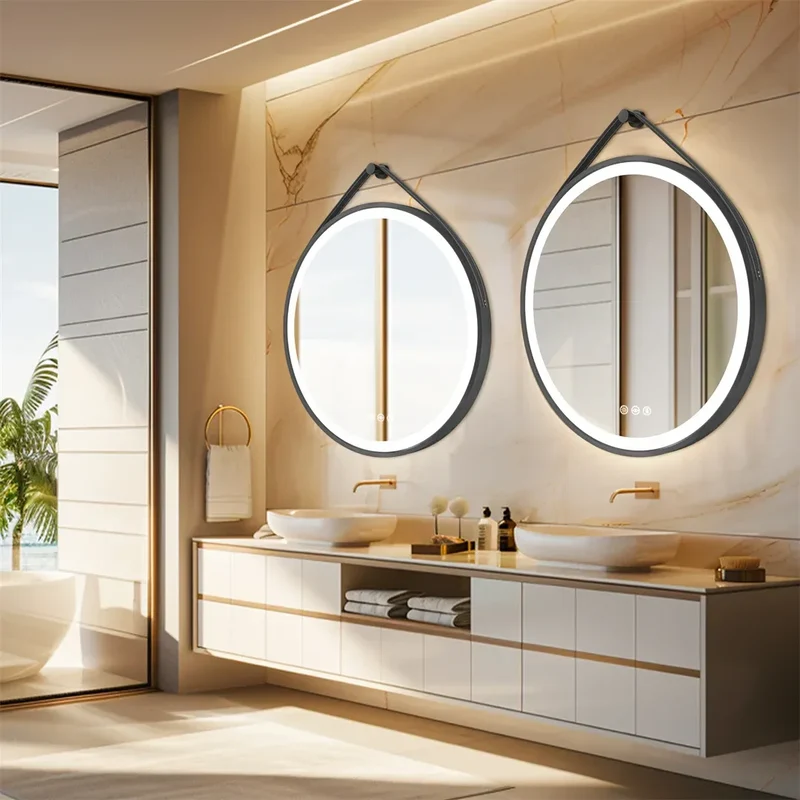 LUVODI 32-Inch Large Round Bathroom Mirror with LED Lights Black Frame Touch Sensor Lighted Mirror for Bathrooms