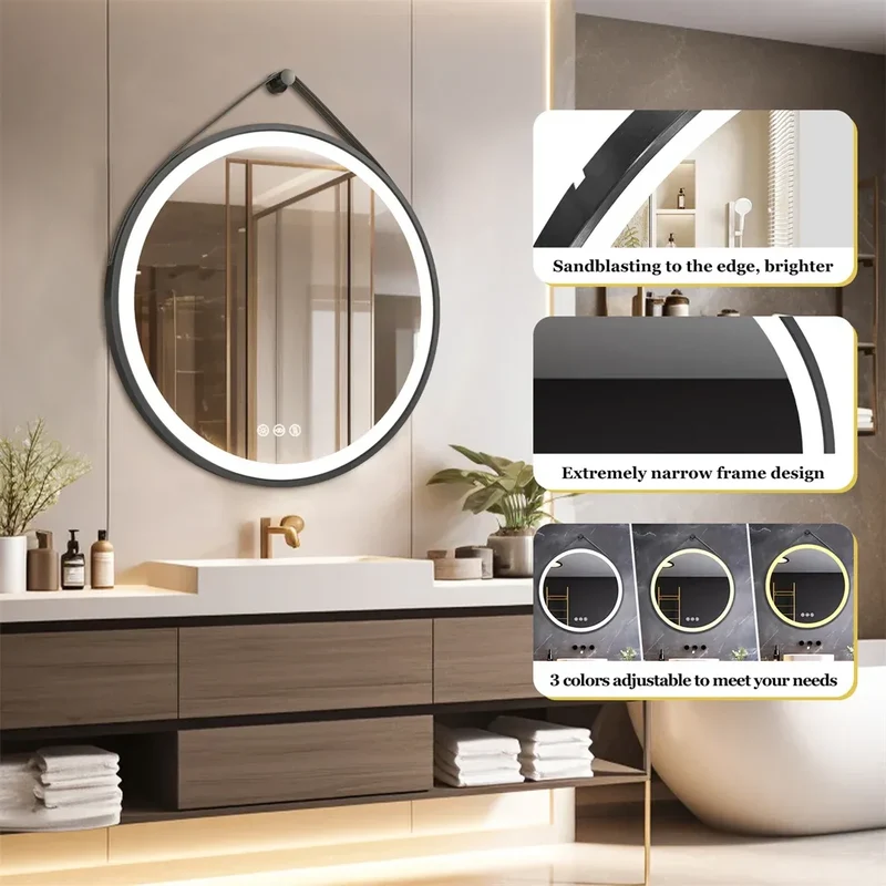 LUVODI 32-Inch Large Round Bathroom Mirror with LED Lights Black Frame Touch Sensor Lighted Mirror for Bathrooms