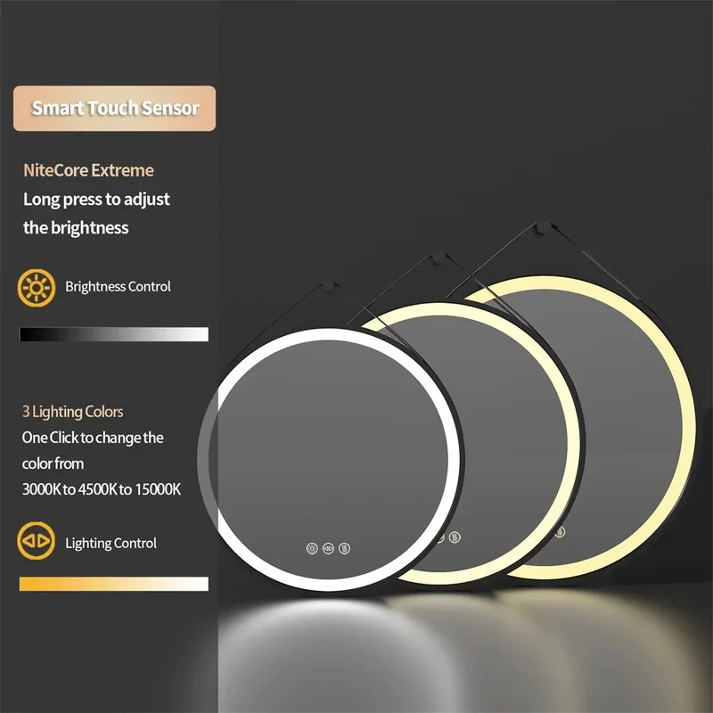 LUVODI 32-Inch Large Round Bathroom Mirror with LED Lights Black Frame Touch Sensor Lighted Mirror for Bathrooms