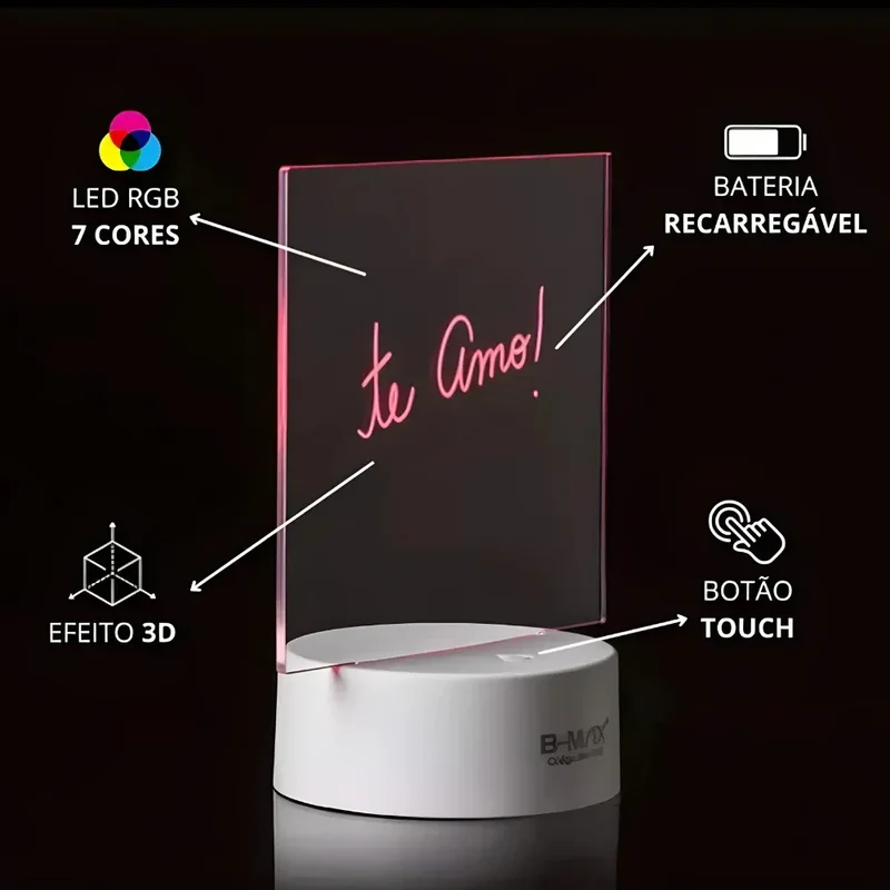 Luminária Lousa De Mesa 3D Com Led E Caneta Para Escrever