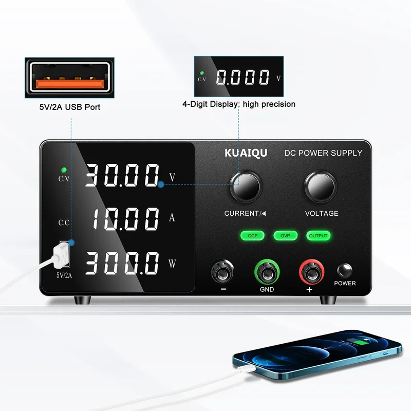 KUAIQU High Precision 30V10A Adjustable DC Stabilized Power Supply, Laboratory Specific Digital Display Power Supply, Aging Test