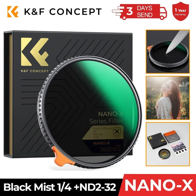 K&F CONCEPT ND2-32 1/4 Black Mist Diffusion Camera Filter lens Variable 2 in 1 ND Filters Video 49mm 52mm 58mm 62mm 67mm 77mm