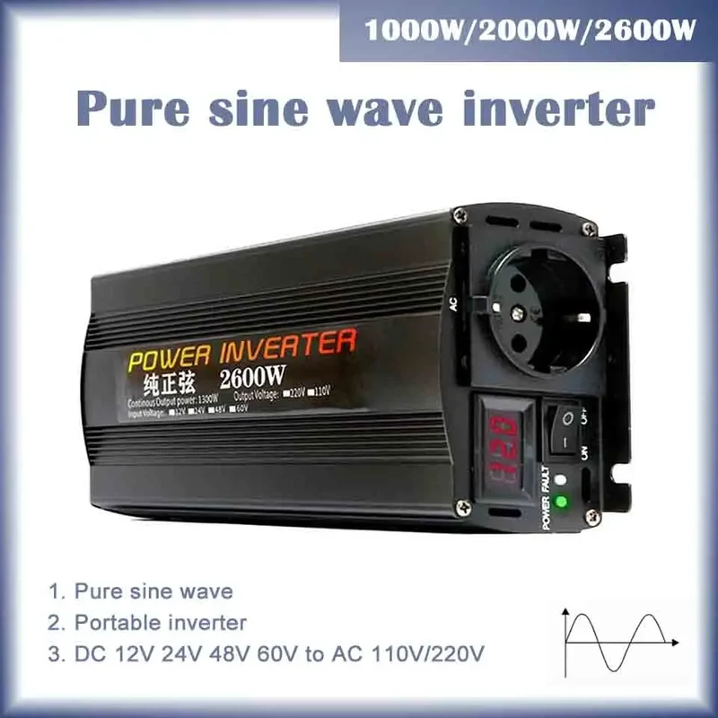 Inverter 12v 220v For 110v Pure Sine DC 12V 24V Power 1000W 2000W 2600W Solar Car Inverters Single Digital Display Converter