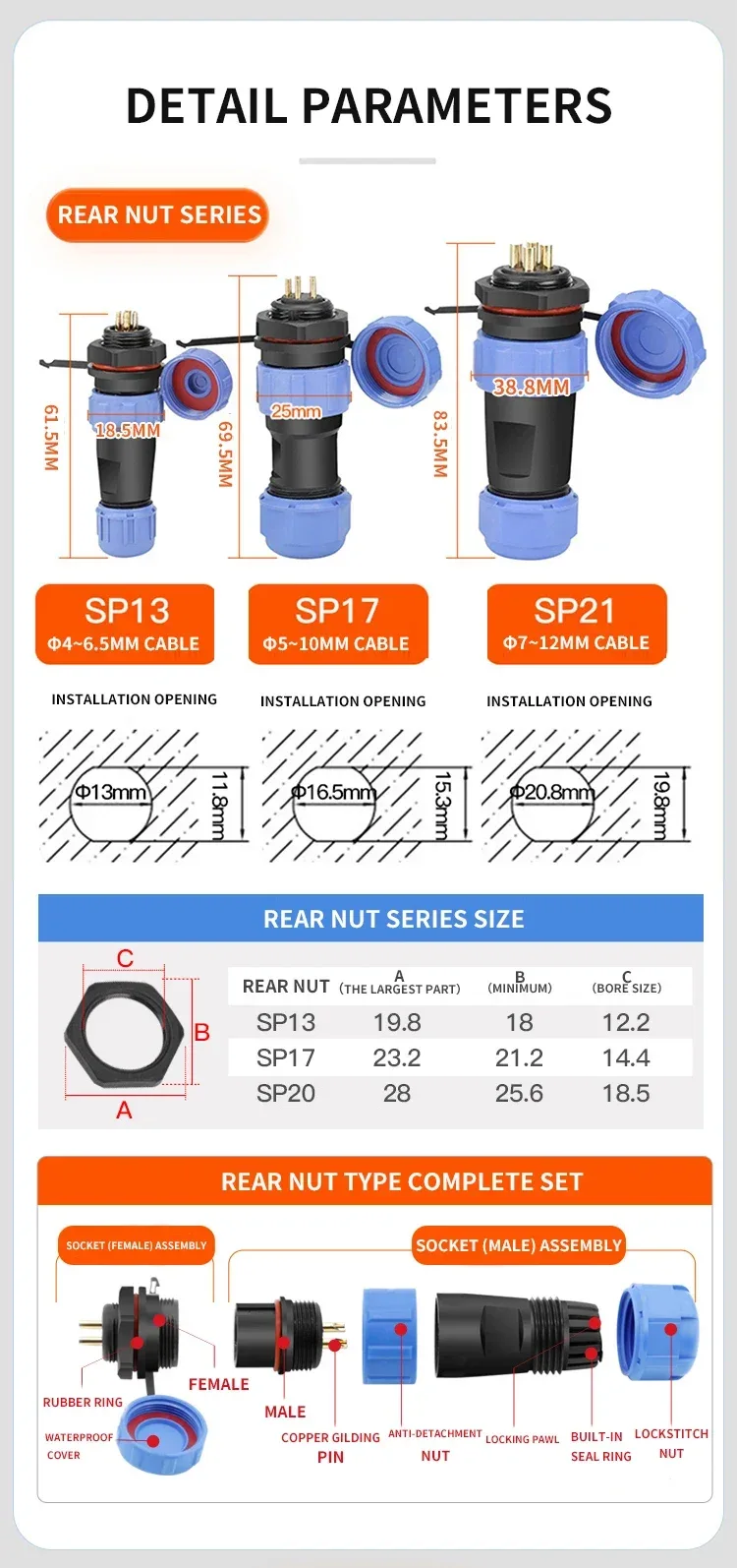 SP17 IP68 2 3 4 5 7 9 Pin Waterproof Connector Cable Adapter Industrial Panel Mount Wire Connector Plug