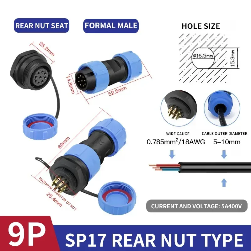 SP17 IP68 2 3 4 5 7 9 Pin Waterproof Connector Cable Adapter Industrial Panel Mount Wire Connector Plug