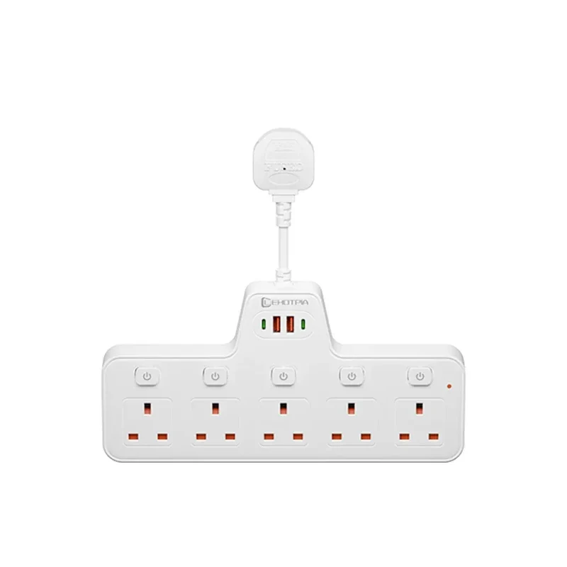 2500W UK Plug Power Strip Wall Mounted Independent Switches, Multitap Network Filter USB-C Ports 2.1A Fast Charging Adapter