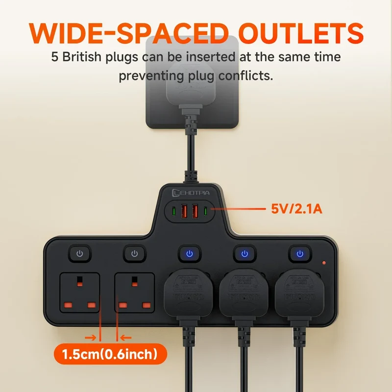 2500W UK Plug Power Strip Wall Mounted Independent Switches, Multitap Network Filter USB-C Ports 2.1A Fast Charging Adapter