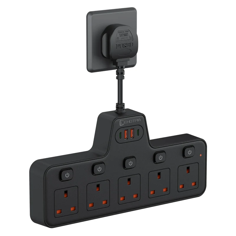 2500W UK Plug Power Strip Wall Mounted Independent Switches, Multitap Network Filter USB-C Ports 2.1A Fast Charging Adapter