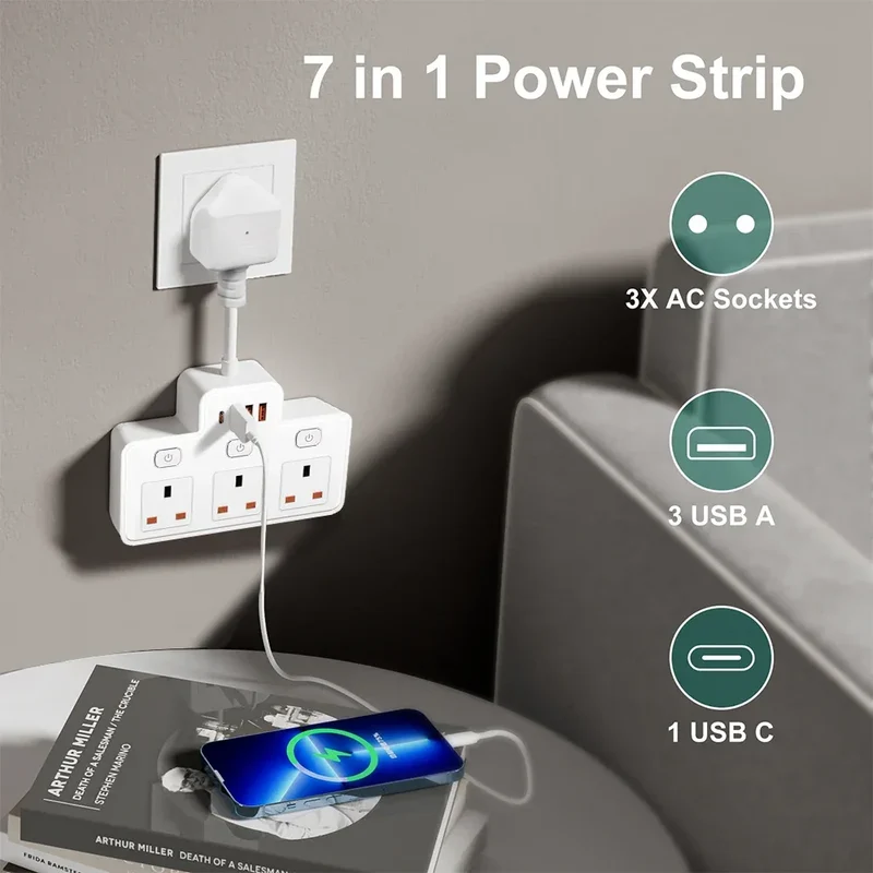 UK Plug AC Power Strip Wall Mounted Independent Switch Socket European Standard Plug With USB C Ports Charging Network Filter