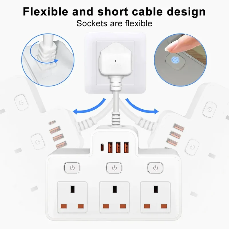 UK Plug AC Power Strip Wall Mounted Independent Switch Socket European Standard Plug With USB C Ports Charging Network Filter
