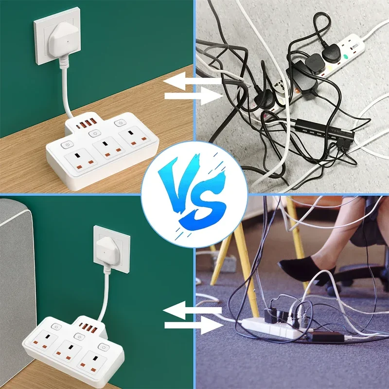 UK Plug AC Power Strip Wall Mounted Independent Switch Socket European Standard Plug With USB C Ports Charging Network Filter