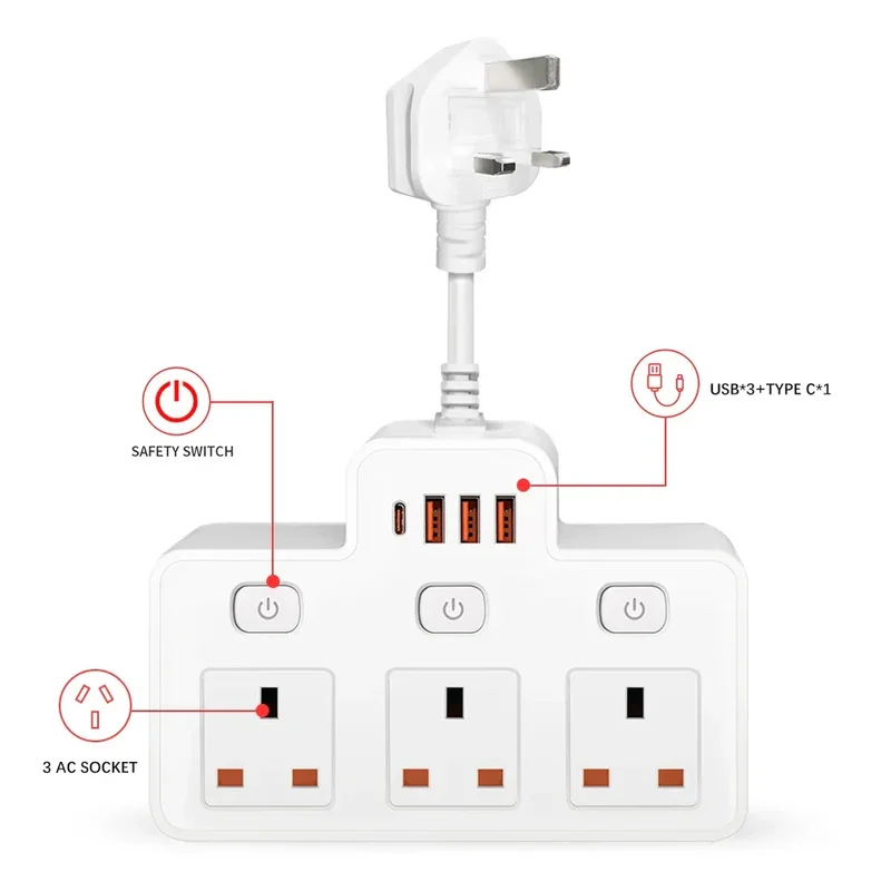 UK Plug AC Power Strip Wall Mounted Independent Switch Socket European Standard Plug With USB C Ports Charging Network Filter