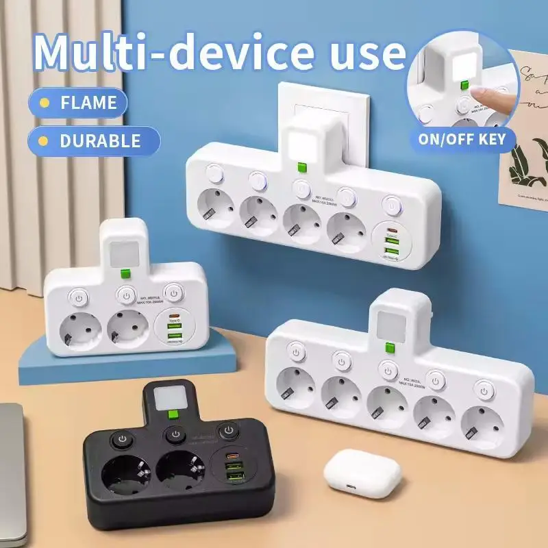 EU plug and socket 4 sockets, multi plug wall power plug and socket without extension cable or USB and Type-C port