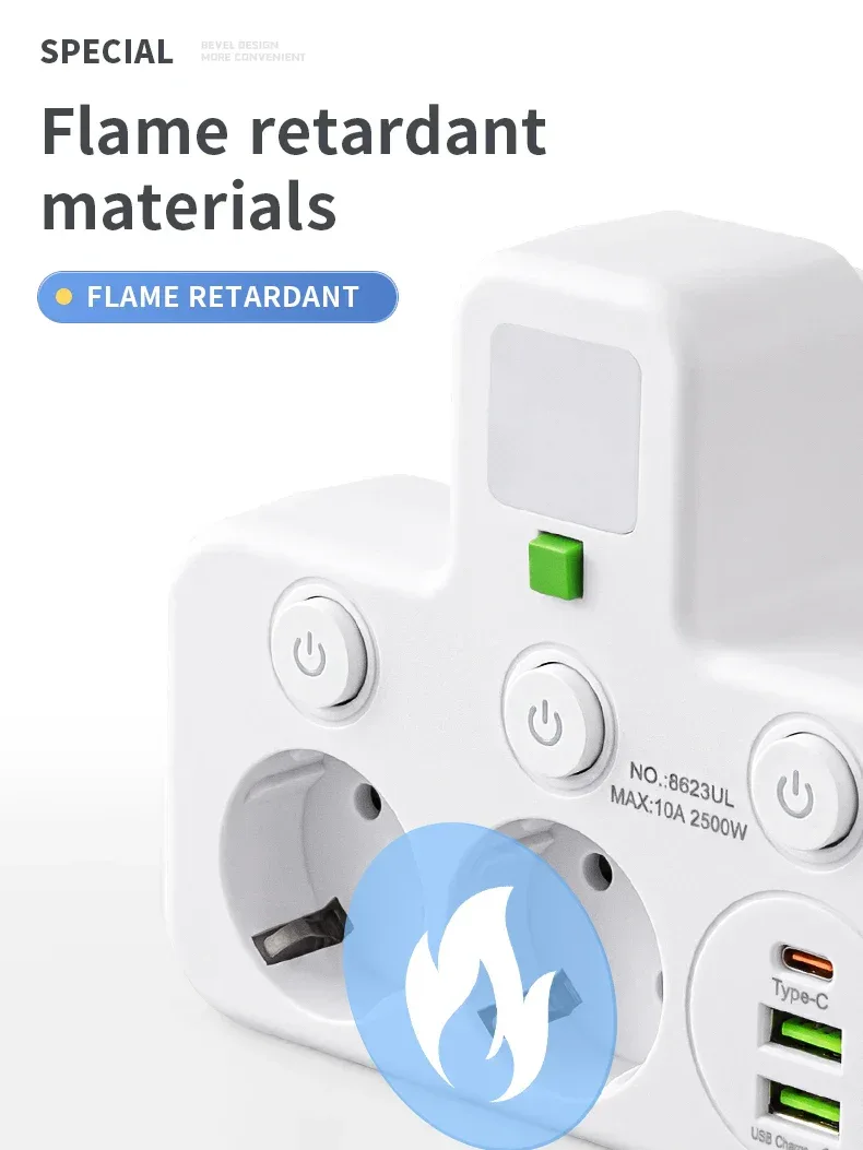 EU plug and socket 4 sockets, multi plug wall power plug and socket without extension cable or USB and Type-C port