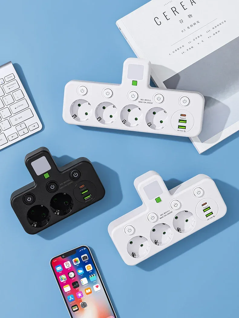 EU plug and socket 4 sockets, multi plug wall power plug and socket without extension cable or USB and Type-C port