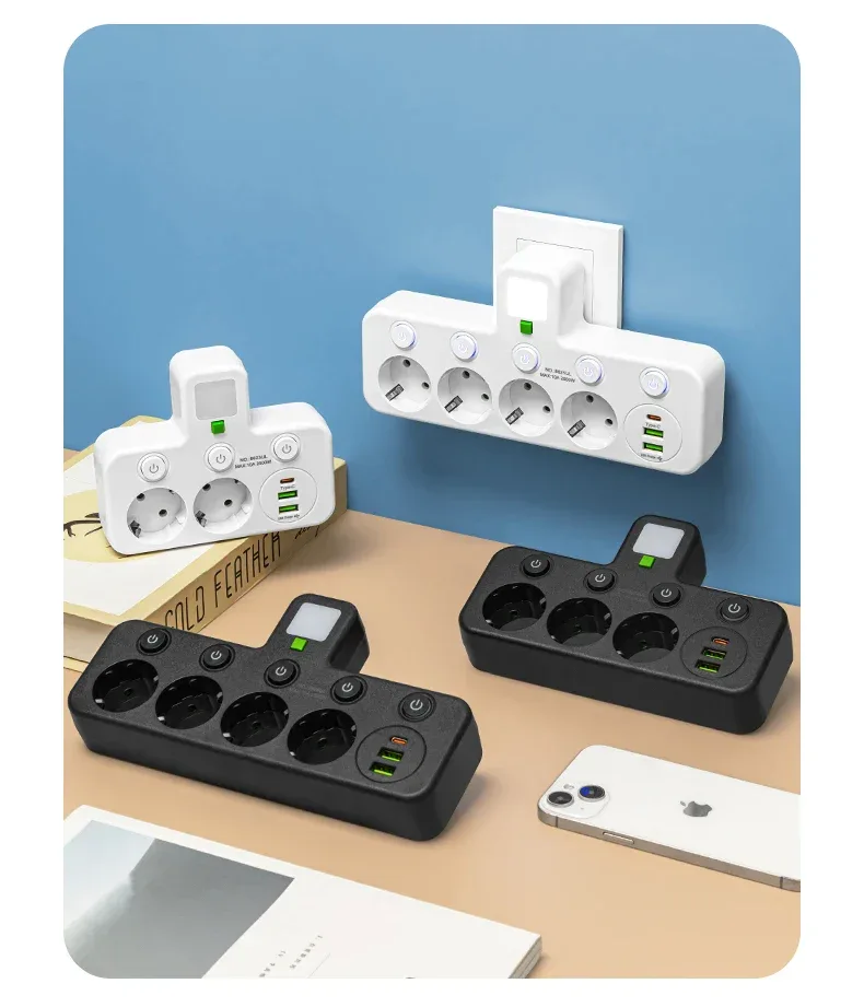 EU plug and socket 4 sockets, multi plug wall power plug and socket without extension cable or USB and Type-C port
