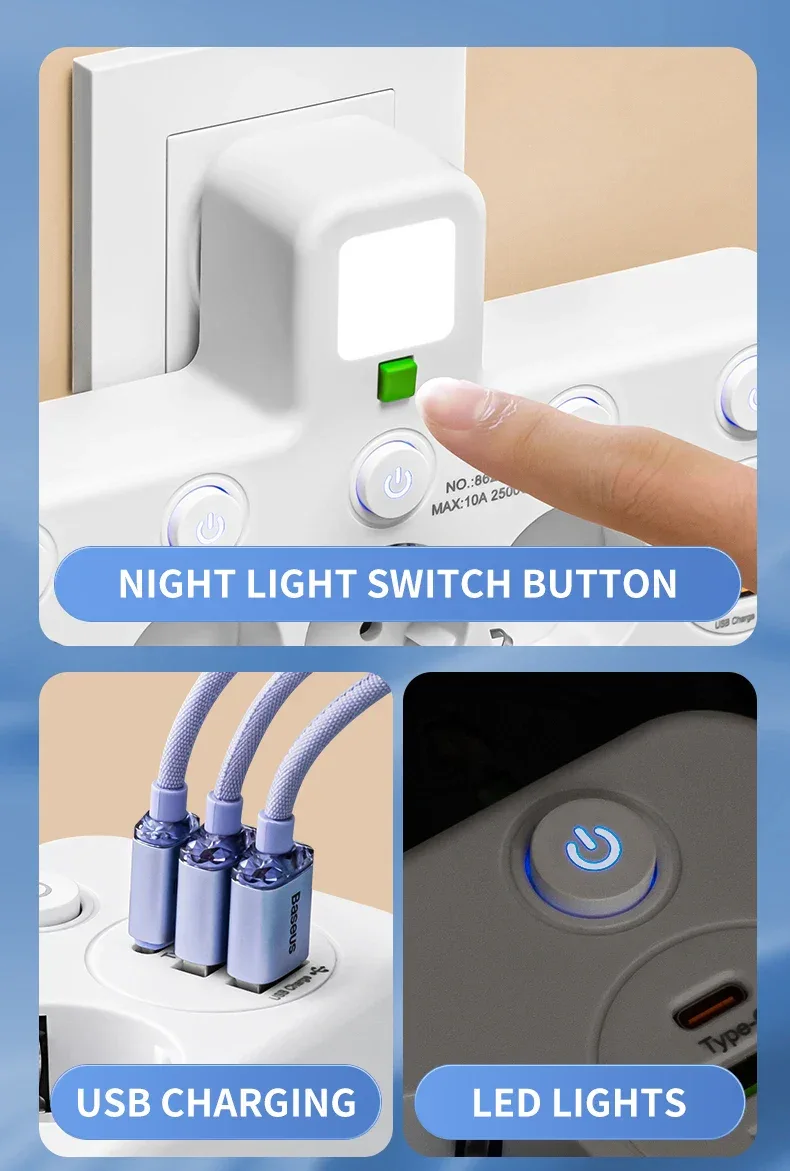 EU plug and socket 4 sockets, multi plug wall power plug and socket without extension cable or USB and Type-C port
