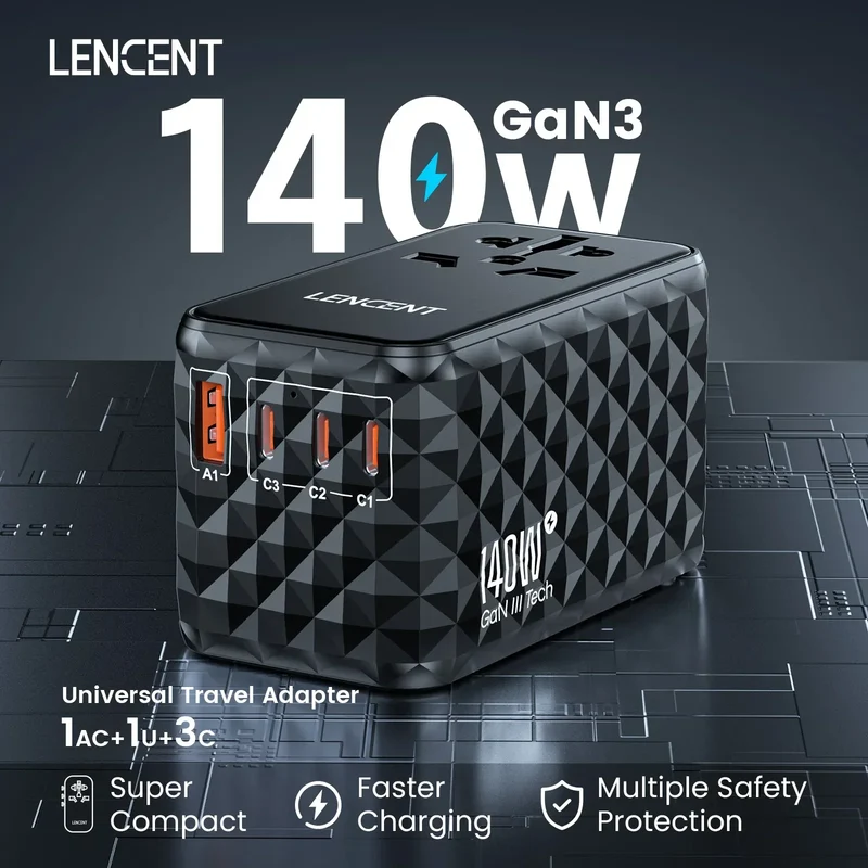 LENCENT 140W GaN Universal Travel Adapter with 1USB-A Ports 3 Type C Fast Charging Power Adapter EU/UK/USA/AUS Plug for Travel