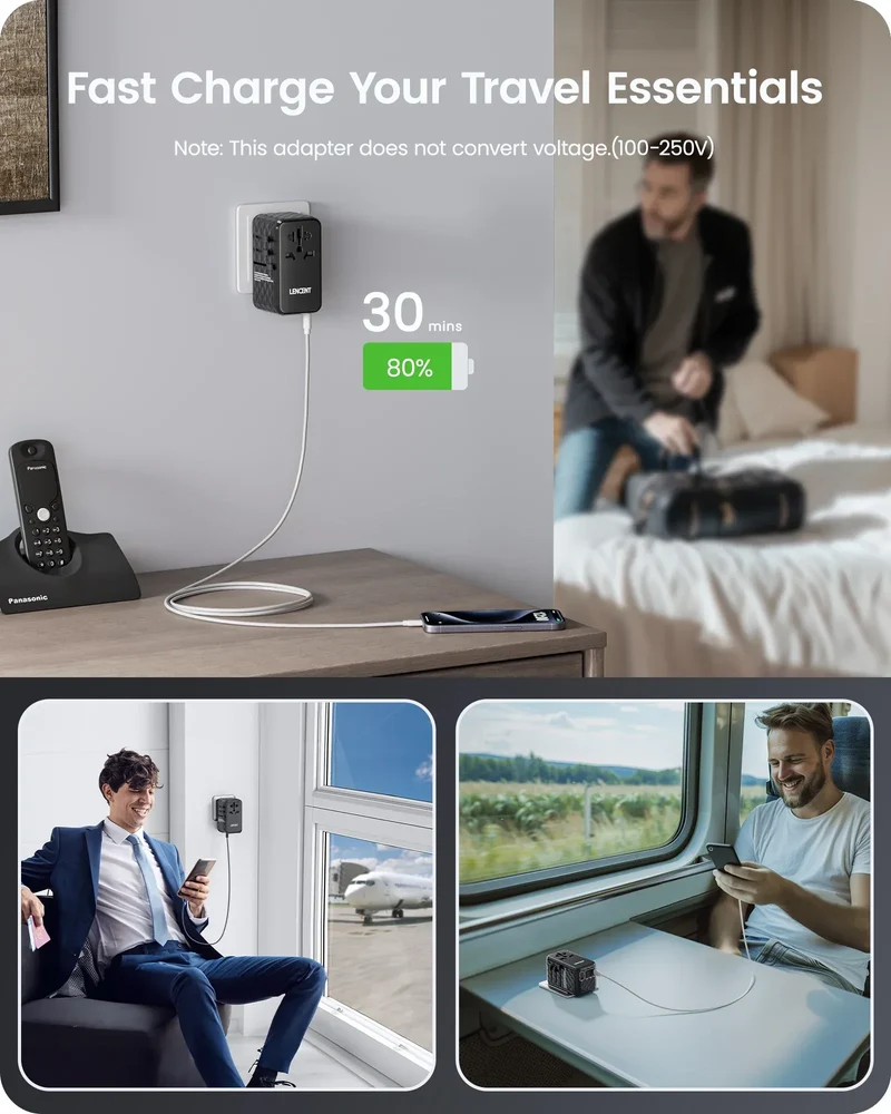 LENCENT 140W GaN Universal Travel Adapter with 1USB-A Ports 3 Type C Fast Charging Power Adapter EU/UK/USA/AUS Plug for Travel
