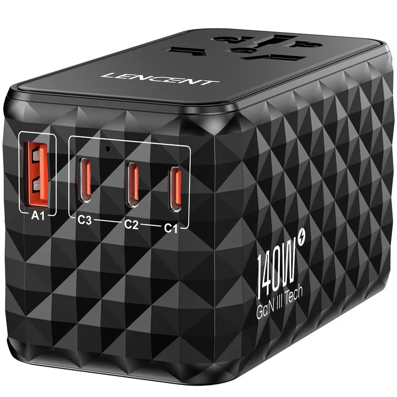 LENCENT 140W GaN Universal Travel Adapter with 1USB-A Ports 3 Type C Fast Charging Power Adapter EU/UK/USA/AUS Plug for Travel