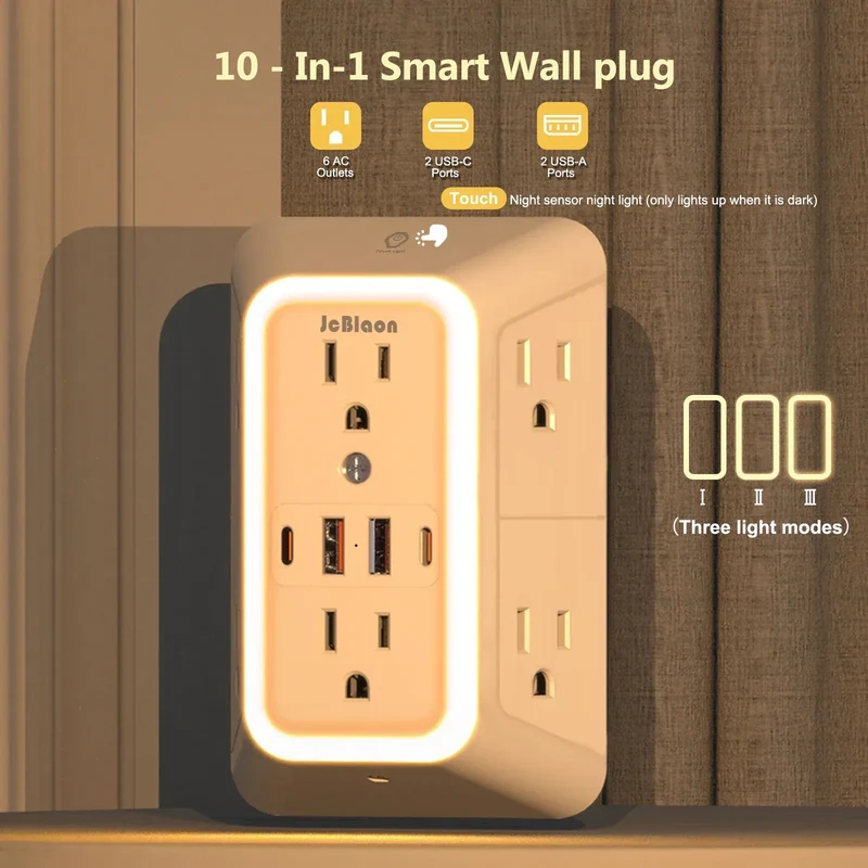 US AC Plug with Induced Light Wall Mounted Power Strip Multi-sockets Network Filter with USB Charging Network Filter Adapter