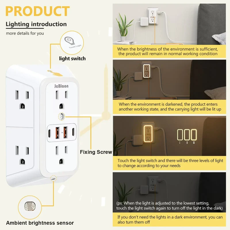 US AC Plug with Induced Light Wall Mounted Power Strip Multi-sockets Network Filter with USB Charging Network Filter Adapter