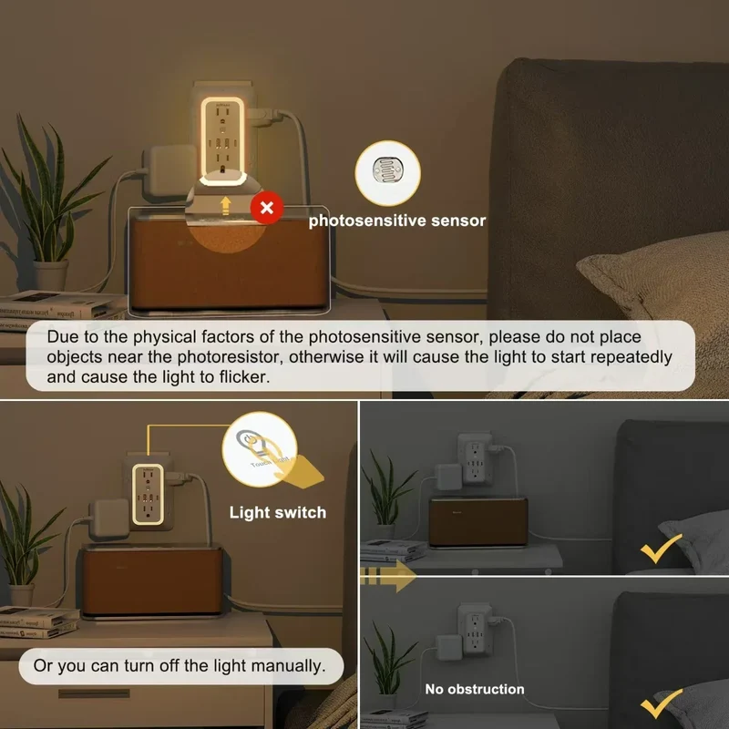 US AC Plug with Induced Light Wall Mounted Power Strip Multi-sockets Network Filter with USB Charging Network Filter Adapter
